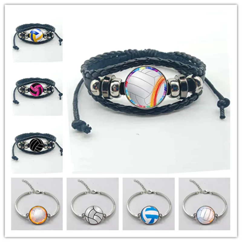 Volleyball charm leather bracelet men's fashion black woven leather bracelet volleyball basketball football jewelry men's gift