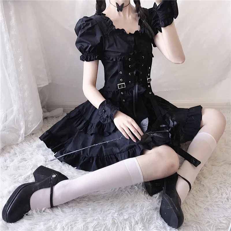 YBYR Black Gothic Lolita Dress Japanese Girl Punk Style Puff Sleeve Bandage Mini Dress Women Sexy Ruffles Dresses Club Clothes