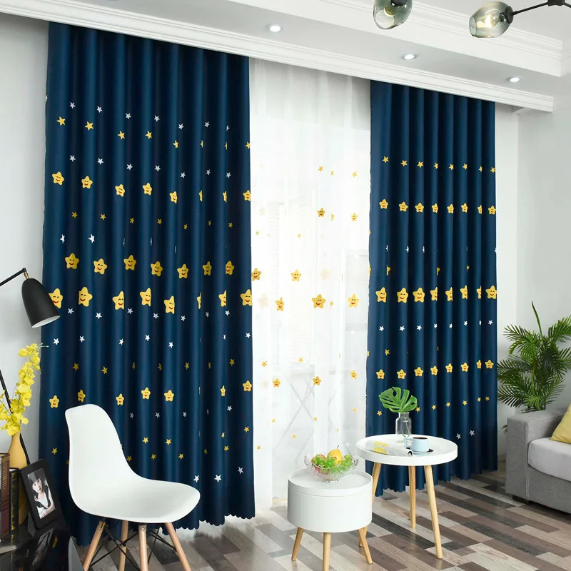 

Curtains for Living Room Kids Boys BedroomCartoon Smile Star Embroidered Tulle Semi-Blackout Navy Blue Window Treatment Drapes