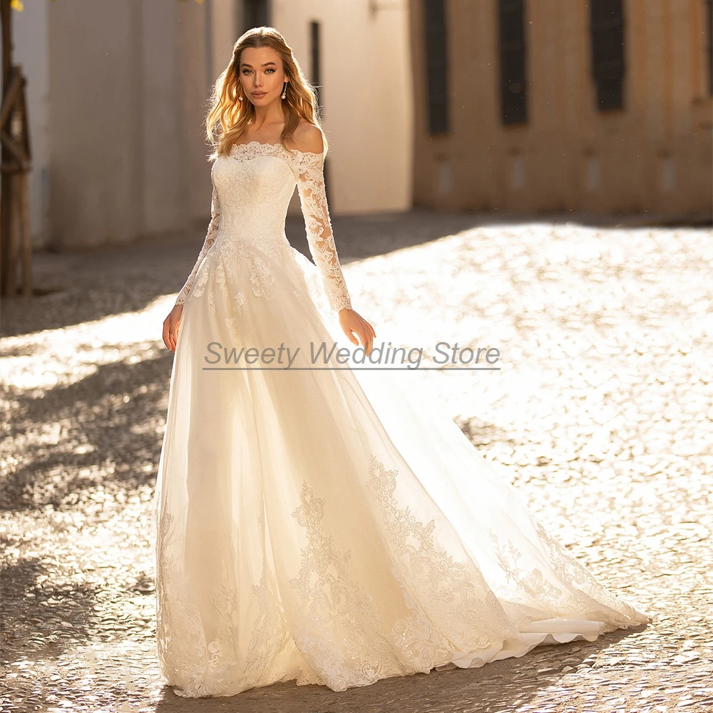 Prinzessin Hochzeit Kleid Brautkleider Nach Langen Ärmeln Boot-ausschnitt Pailletten Appliques EINE Linie Sweep Zug Braut Robe De Mariee