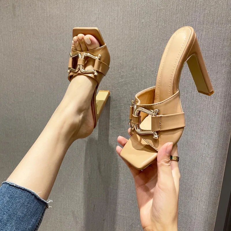 

Brand High Quality New Summer Sexy Women Sandals Square Toe Ladies Heel Mules Sandal Slippers Female Fashion High Heel Slippers