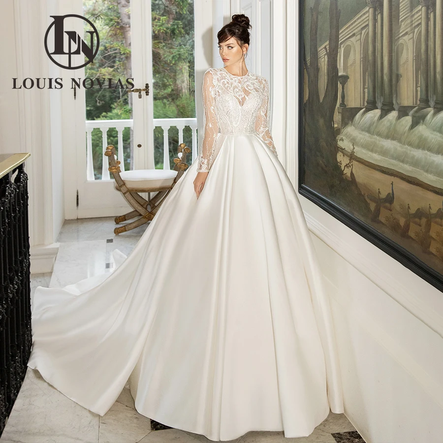 

LOUIS NOVIAS Long Sleeve Wedding Dresses For Women Satin Bridal Gown Shiny Beaded Lace Scoop Neck A-Line Vestidos De Novia