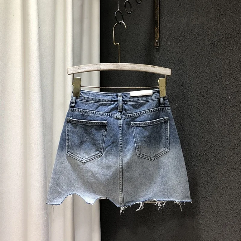 

Slim Summer Denim Wrap Skirts Women Irregular Tassel High Waist Mini Skirts Casual Hole Ripped A-Line Jean Skirts Light Blue