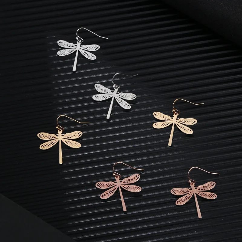 

Classics Fashion Jewelry Women's Daily Life Gifts Light Luxury Animal Mini Dragonfly Carved Metal Plate Hollow Vintage Earrings