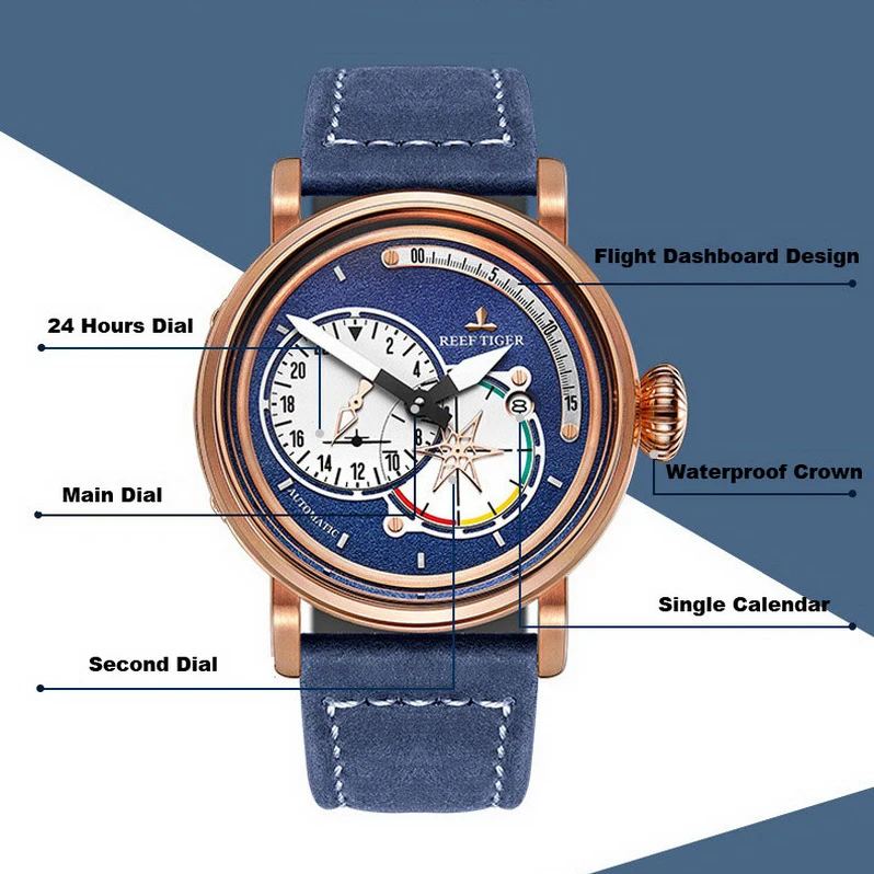 ريف النمر الرجال ساعة أوتوماتيكية 45 مللي متر ساعة اليد الميكانيكية 5ATM مقاوم للماء مضيئة الياقوت مرآة ستار الطلب الثاني 24 ساعة