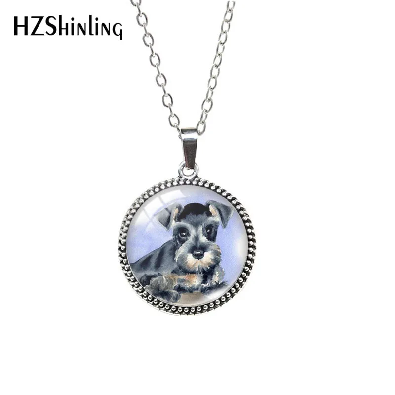 Pet White and Black Schnauzer Dogs Pattern Antique Necklace Glass Cabochon Dome Fashion Jewelry