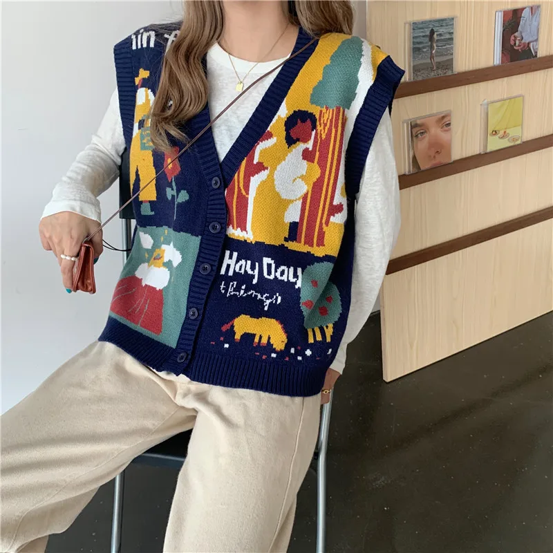 Women Buttons Vest 2023 Fashion Knitted Cartoon Jacquard Sweater Loose Vintage Waistcoat Chic Oversize Tops Girls Clothes Outfit