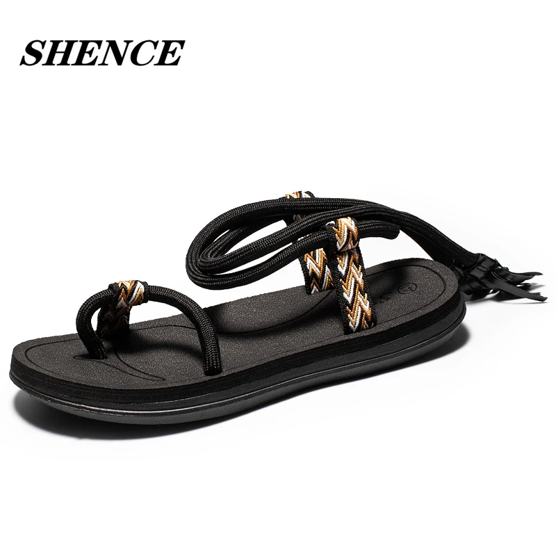 Сандалии-гладиаторы SHENCE для мужчин и женщин, босоножки с застежкой на плоской подошве, пляжные туфли для путешествий, Повседневные тапочки в ретро стиле, лето
