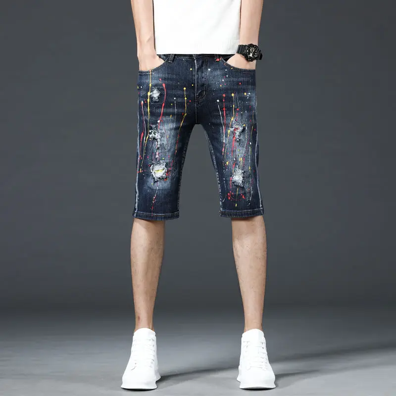 

Denim shorts men's personality graffiti splash ink European and American style street style ripped tide pants short jeans