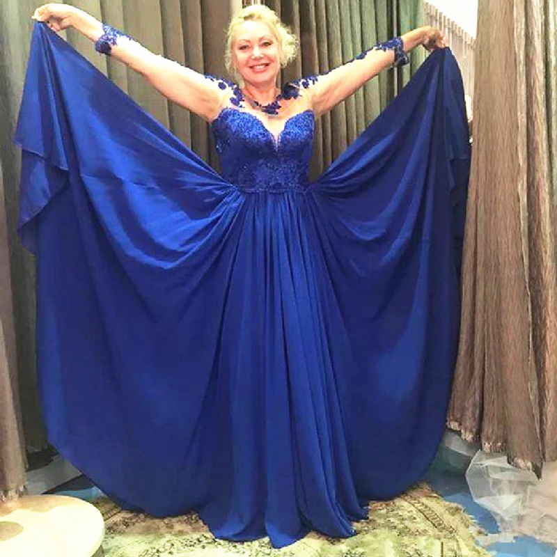 Charming Royal Blue Mother of The Bride Dress Scoop Neck Long Sleeve Formal Evening Gowns Chiffon Lace Mother Gowns for Weddings