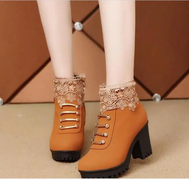 Winter autumn Women Shoes Retro High Heel Ankle Boots Female Block Mid Heels Casual Botas Lace Booties Feminina Plus Size35-40