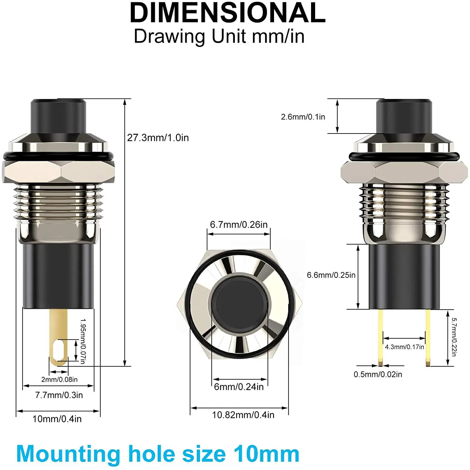 Push Button Switch, Self-locking Mini Switches Latching 10mm Round DC24V 0.5A Black Cap 5PCS