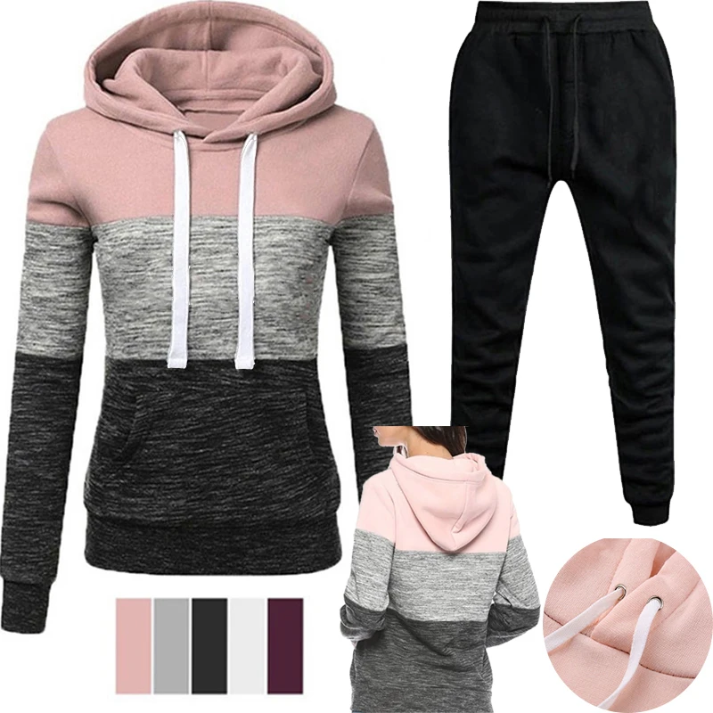 

Womens Hoodie + Sweatpants 2-piece Sweat Suits Striped Hooded Jogging Sports Wear Track Suit Jogger