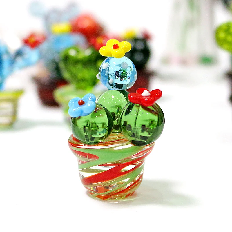 Handmade Murano Glass Cactus Figurines Ornaments Desktop Craft Adornment Creative Colorful Cute Miniature Plant For Home Decor