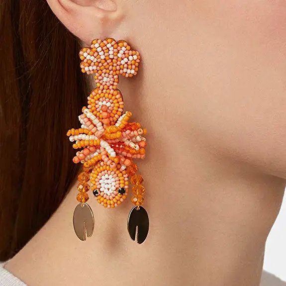 Fashion Elegant Handmade Beaded Flamingo Lobster Drop Earrings for Women Cute Gift Wedding Jewelry Long Fringed Tassel Earring