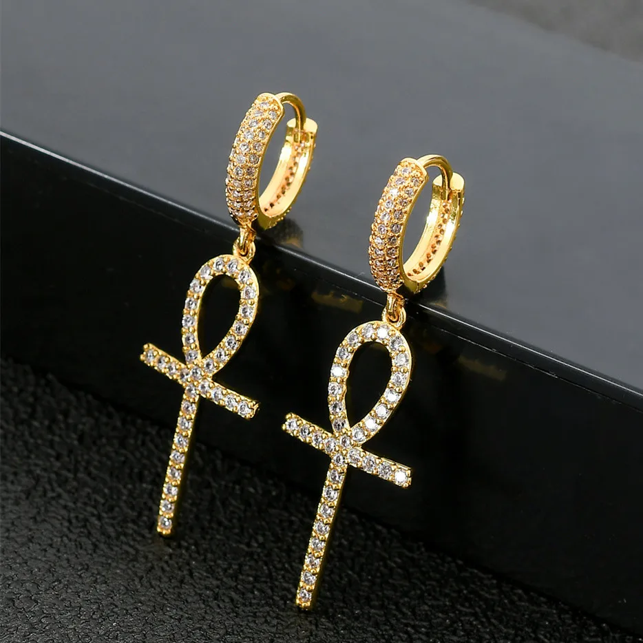 

Hip Hop 1Pair Iced Zircon Ankh Cross Earring Gold Color Micro Paved AAA Bling CZ Stone Earrings for Men Jewelry Stud Earrings