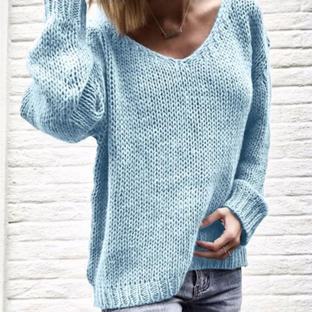 2023 Casual Women Pullovers Loose Solid Color Knitted Sweater V Neck Long Sleeve Top Women\'s Clothing джемпер женский pull femme