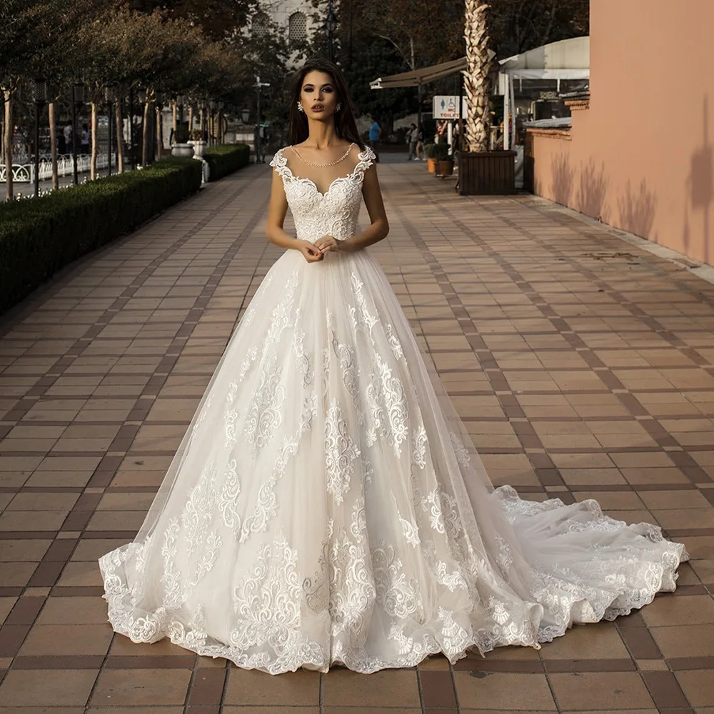 

Robes De Mariage Beading Neck Wedding Dress Cut-out Back Gorgeous Abito Da Sposa Cap Sleeve Vestidos De Noiva Bridal Gowns