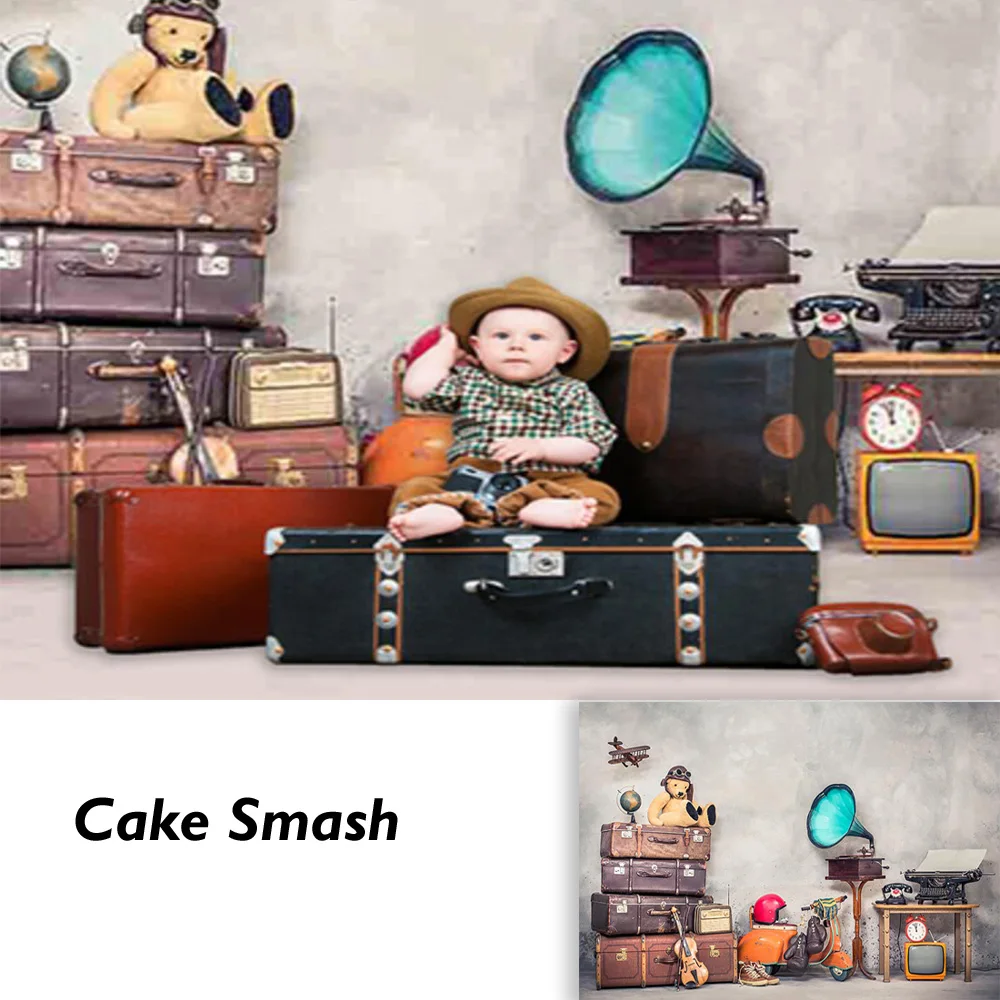 

Travel Box Adventure Birthday Backdrop Newborn Kids Cake Smash World Map Bear Toy Portrait Photocall Photo Booth Background
