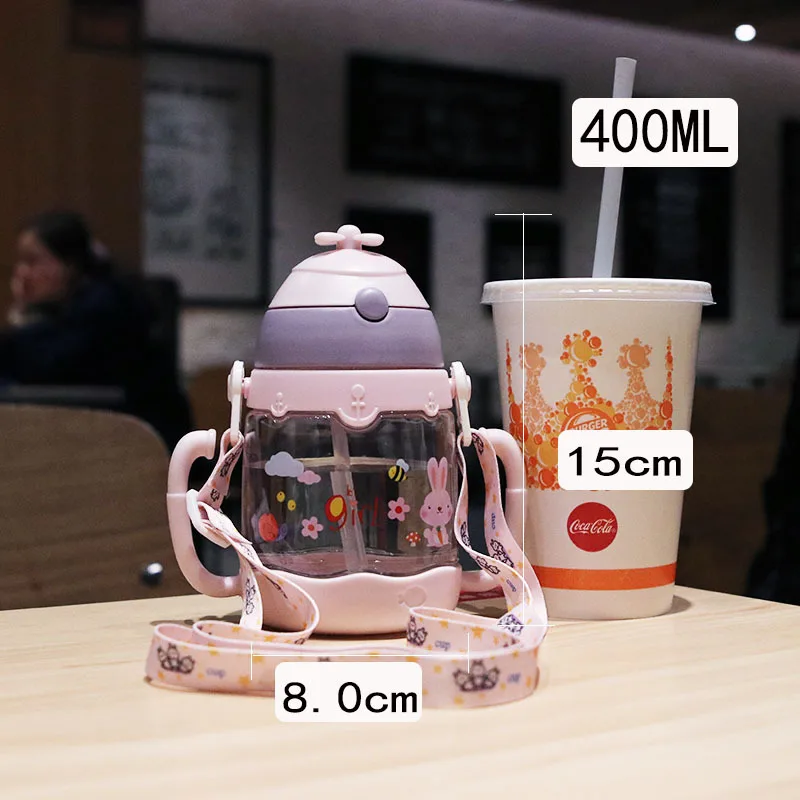 Wide Mouth Baby Drinking Cup With Straw 400ml Anti-Spill Kids Water Bottle Newborn Baby Feeding Bottles With Handle Neck Strap