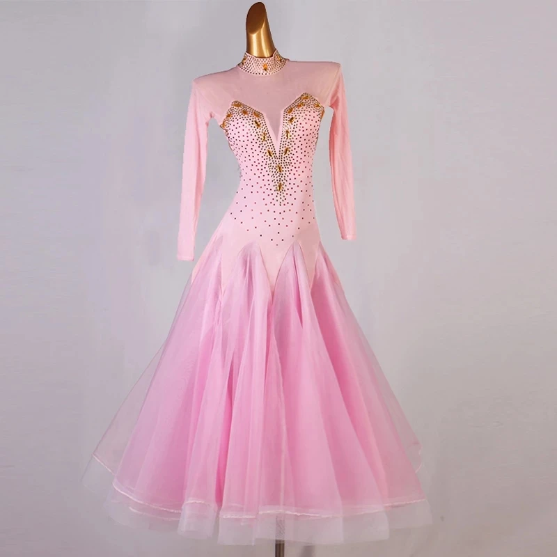 Waltz Ballroom Dress for Standard Rhinestone Big Skirt Pink Rhinestones Ballroom Dance Costume Competition Dancing Practice Wear