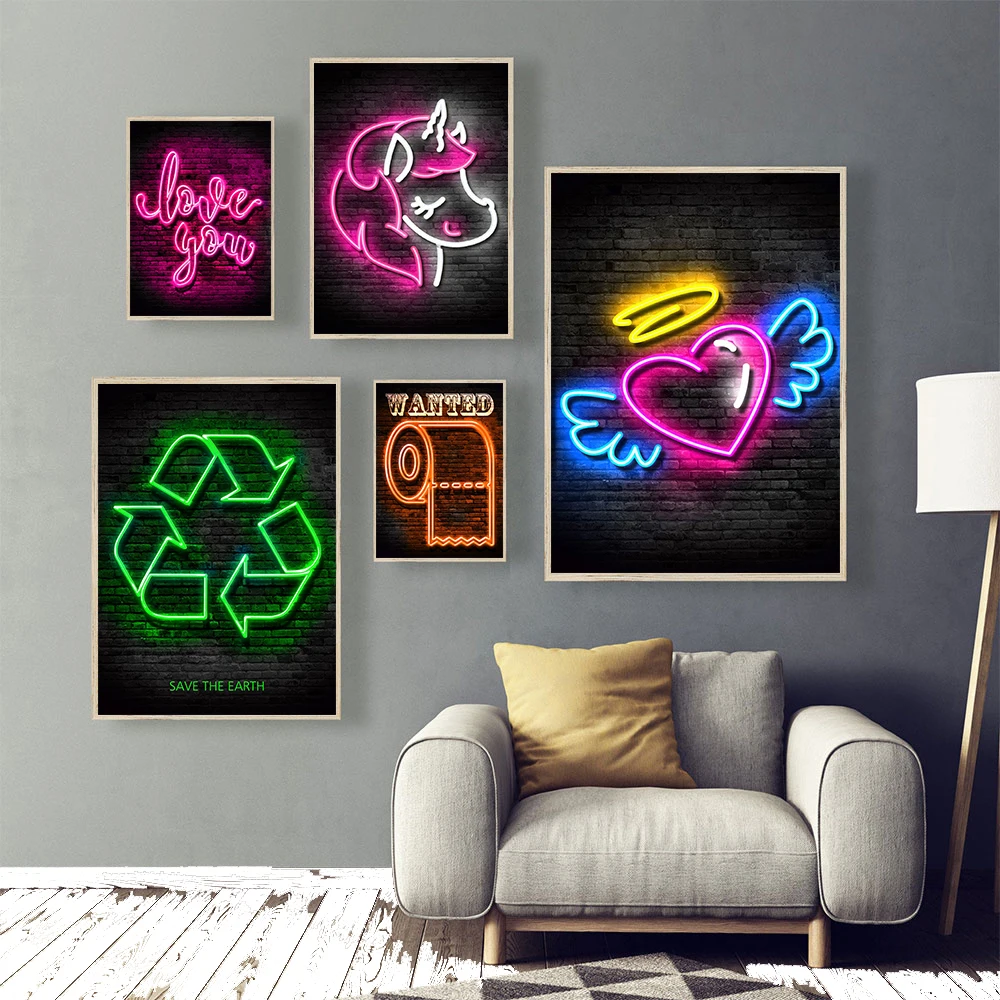 

Neon Sign Poster Roll Paper Coffee Time Love You Letter Canvas Painting Nordic Modern Home Wall Art Decor Frameless Pictures