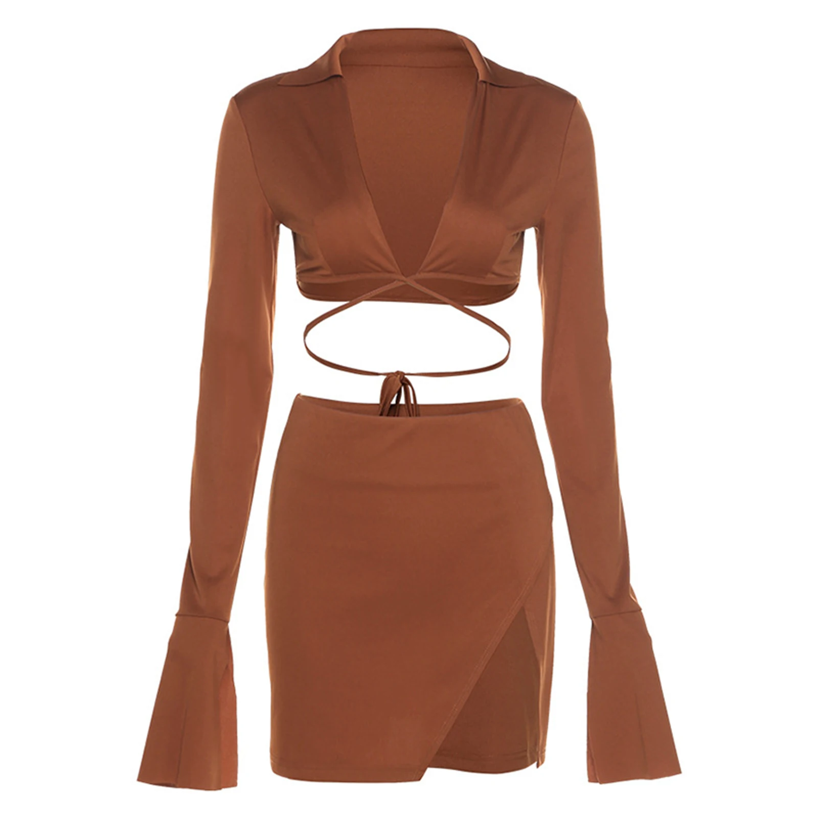 Women’s Two Piece Outfits, Solid Color Long Sleeve Lapel Crop Tops and Mini Skirt Set