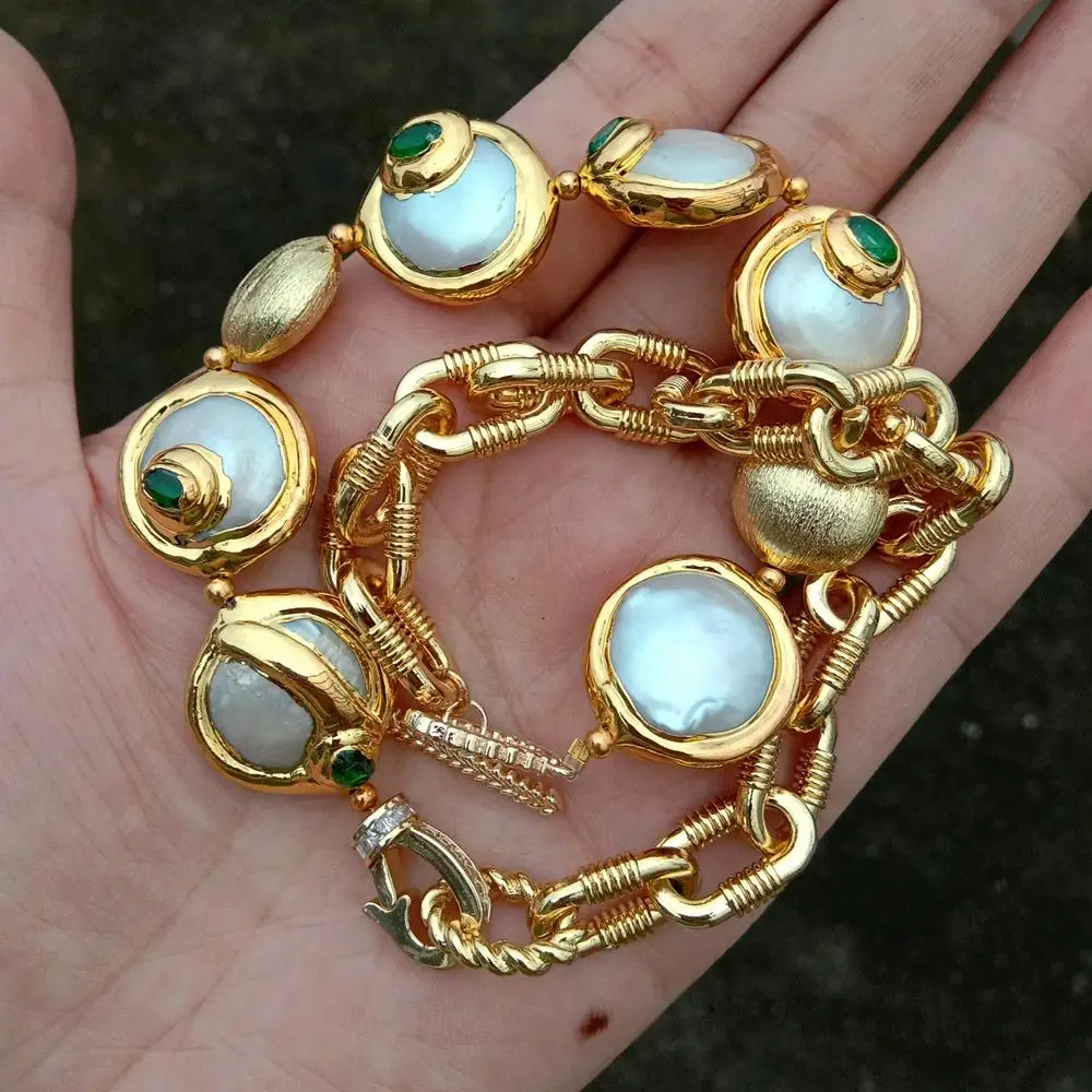 KKGEM  Necklace Gold Plated Chain  White Coin Freshwater Pearl With Electroplated Edge Cubic Zirconia Pave Beads Choker bracelet