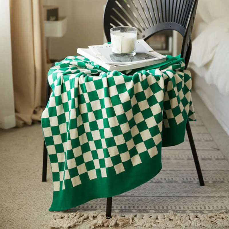 Retro Geometric Lattice Blanket Checkerboard Sofa Cover Blanket Plaid Knitted Shawl Air-conditioned Blanket