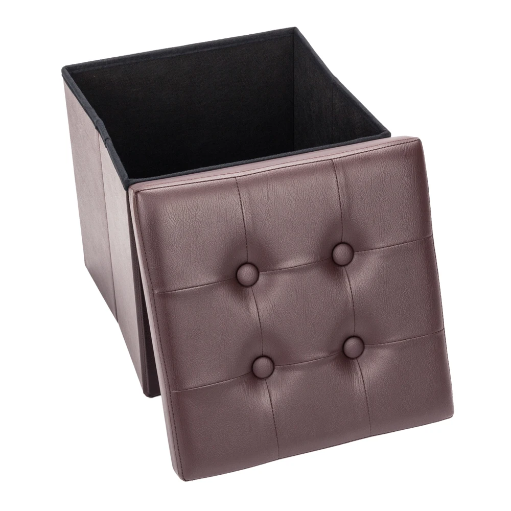 ottoman storage Storage Stool Space Saving Practical PVC Leather Square Shape Surface with Line Footstool Brown - US Stock
