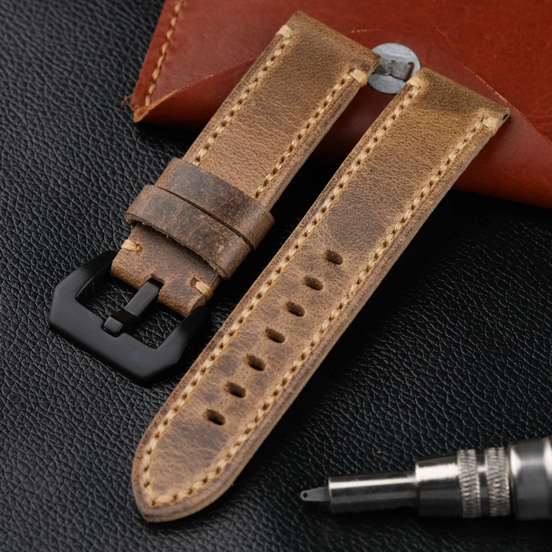 Handmade Leather Watchband 20 21 22 23 24 26MM Folded In Half to Make Soft Top Layer Calfskin Strap Retro Style For PAM111
