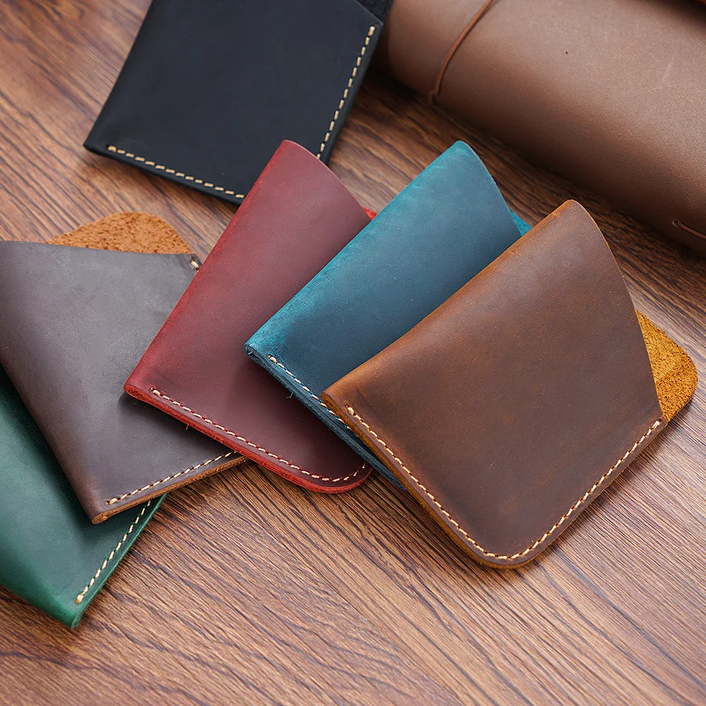 GENODERN Simple Crazy Horse Skin Retro Credit Card Holder Genuine Leather Card Puse Slim Mini Wallet for Men Women Card Wallet