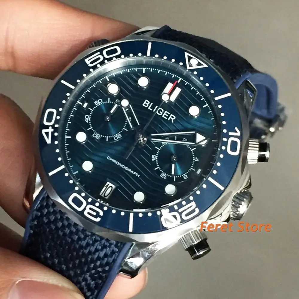 

Bliger new 41mm silver case sapphire crystal ceramic bezel blue dial date rubber strap chronograph quartz mens top luxury watch