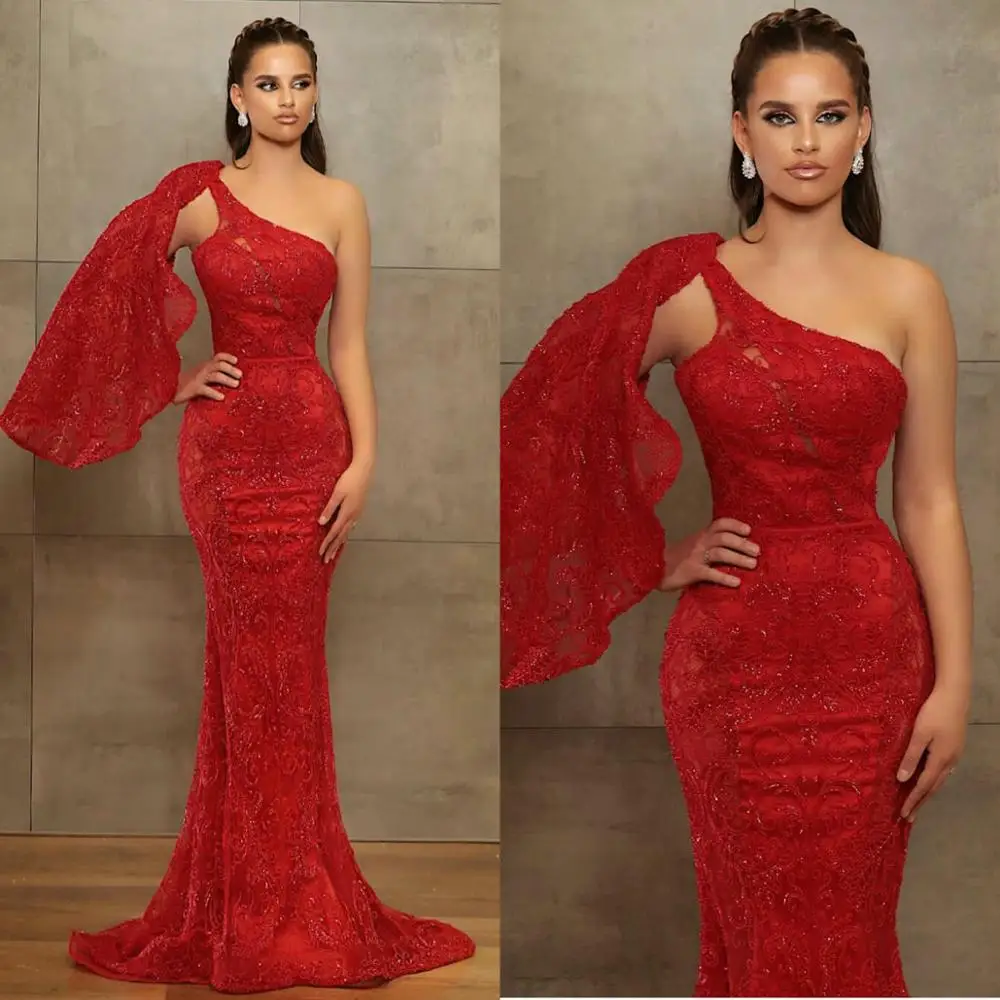 Red Mermaid Evening Gowns One Shoulder Sequins Beading Prom Dress Custom Made Formal Runway Wear Party Dress robes de soirée