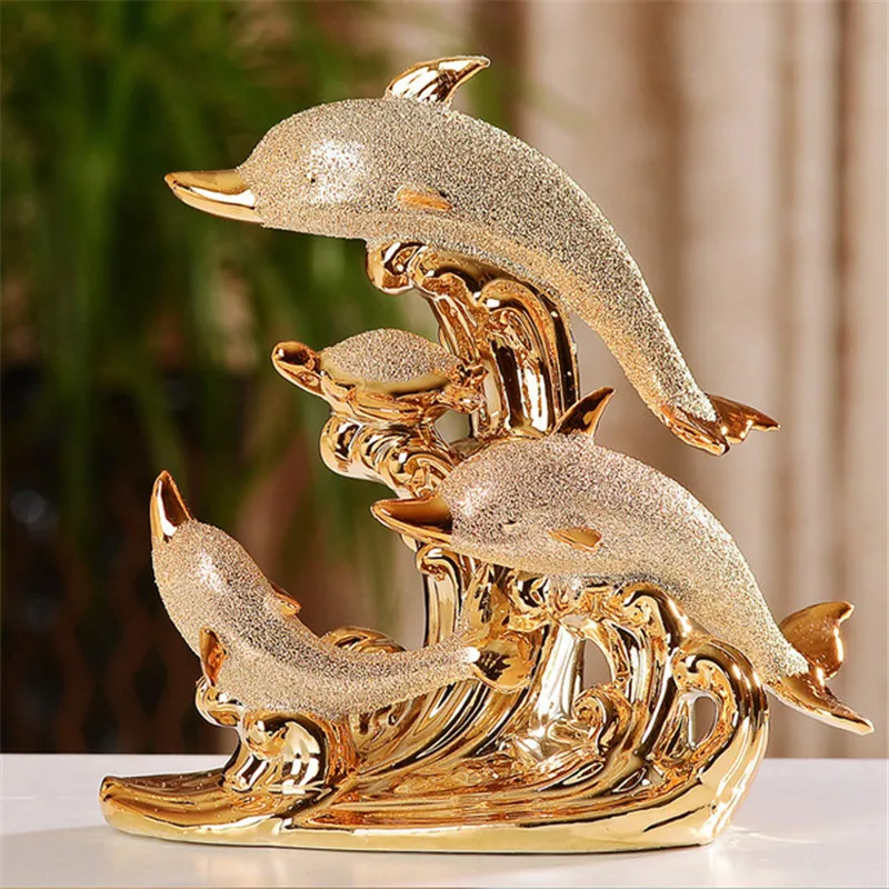 

[HHT] Modern Home Decoration Ceramic Gold-plated Dolphin Ornament Wine Cabinet Furnishings Wedding Decor Crafts Couple Gifts