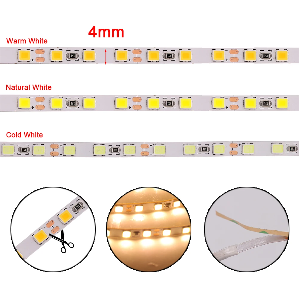 5m tira conduzida 2835 smd 120leds/m dc12v 4mm fita conduzida flexível da fita da corda conduziu a lâmpada clara branco natural/branco morno