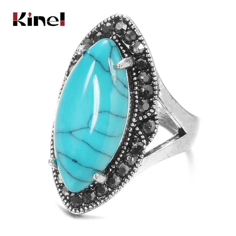 Kinel Natural Stone Vintage Rings For Women Simple Blue Big Stone Inlaid Rhinestones Boho Ethnic Jewelry Tibetan Silver Rings