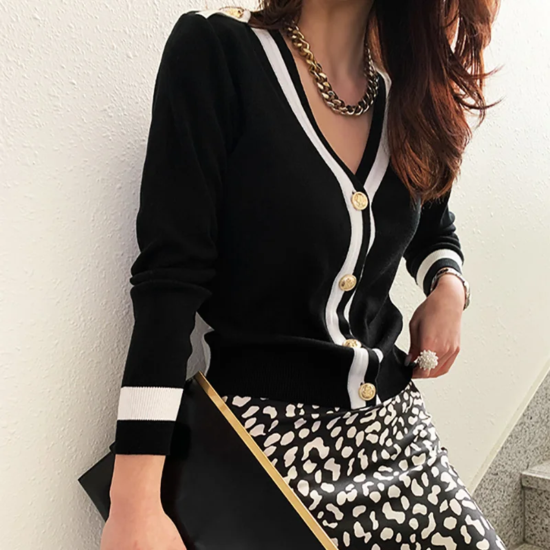 

Croysier Autumn Winter Clothes Women 2021 Fashion Contrast Color Trim V Neck Cardigan Long Sleeve Top Elegant Knitted Cardigans