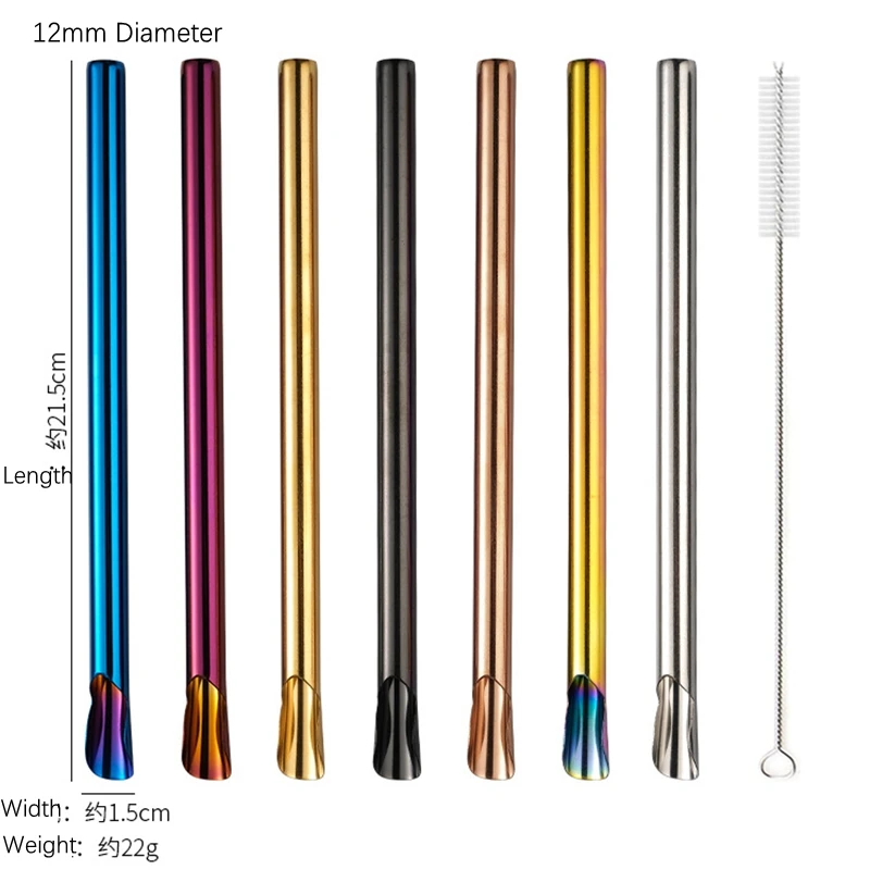 1Pcs Drinking Straw Reusable Metal Straw Set with Brush Bubble Tea Straws 304 Stainless Steel Milkshake Smoothie Straw Spoon