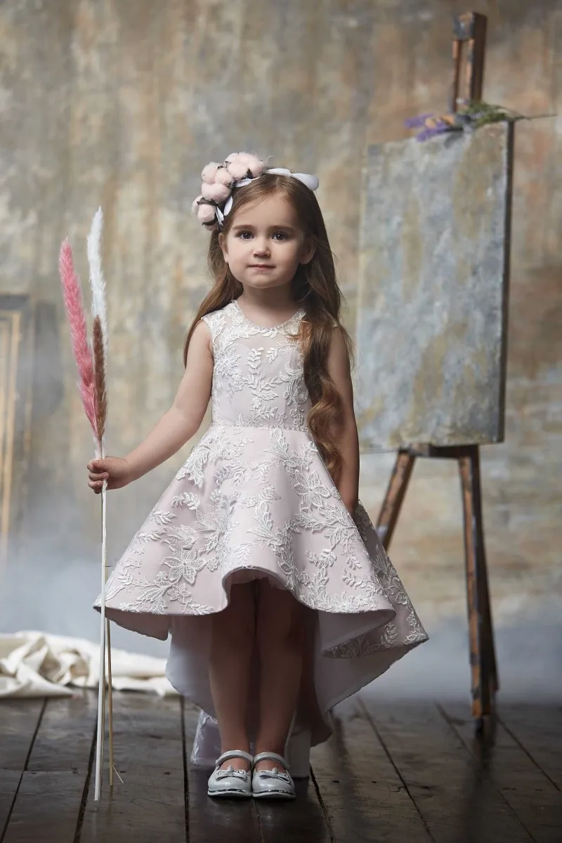 

Lovely Hi-Lo Girls Pageant Dresses Lace Appliques Sleeveless Button Floor Length Skirts Flower Girl Dress Formal Wear