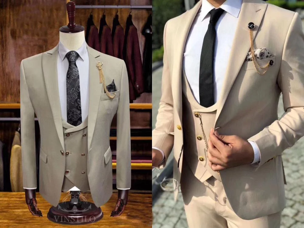 

JELTONEWIN Business Beige Men Suits Casual Design Costume Homme Groom Prom Party Terno Masculino Slim Fit Wedding Blazer 3 Pcs