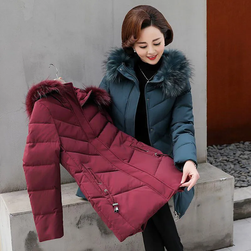 Middle Aged Female Down Cotton Jacket New Fashion Hooded Thick Warm Mid-length Outerwear Women Parkas Coat 5XL W2194