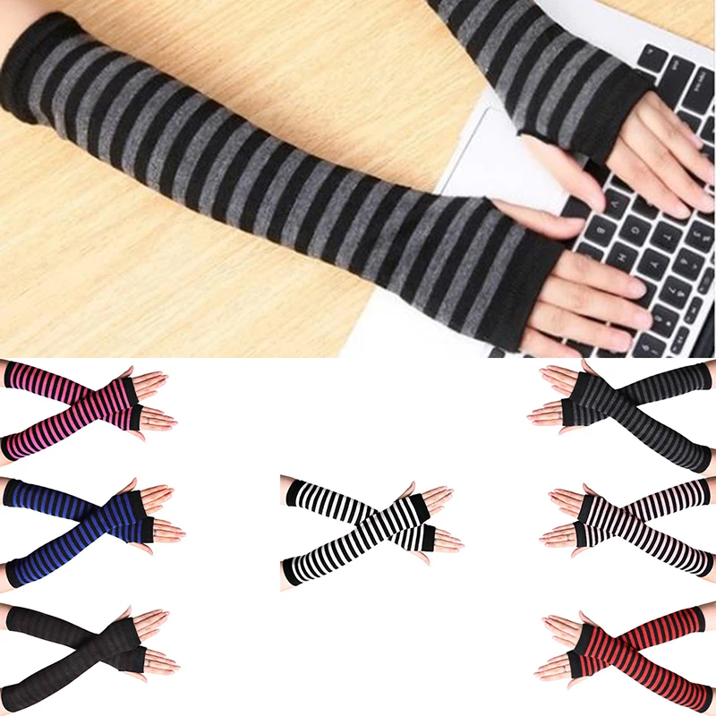 1Pair Women Arm Warmer Fingerless Long Gloves Knitted Striped Warm Mittens Protection Arm Warmer Half Finger Sleeves