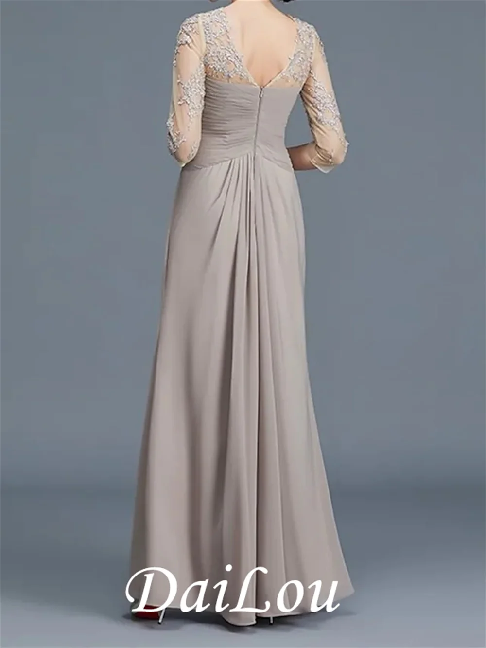 A-Line Mother of the Bride Dress Elegant Illusion Neck Floor Length Chiffon With Lace Appliques Ruching 2021