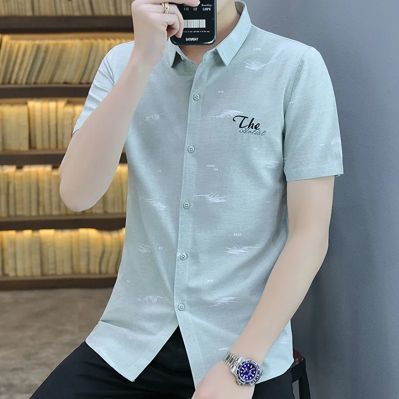 

Men Cotton Linen Casual Slim Shirt Business Fashion Square Collar Floral Cardigan Short Sleeve Original Letter Design Loose Thin