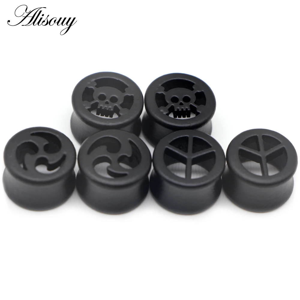 Alisouy 2PCS Fashion Ear Plugs Black Wood Flesh Tunnels Saddle Ear Gauges Solid Hollow Star Body Piercing Jewelry Expanders