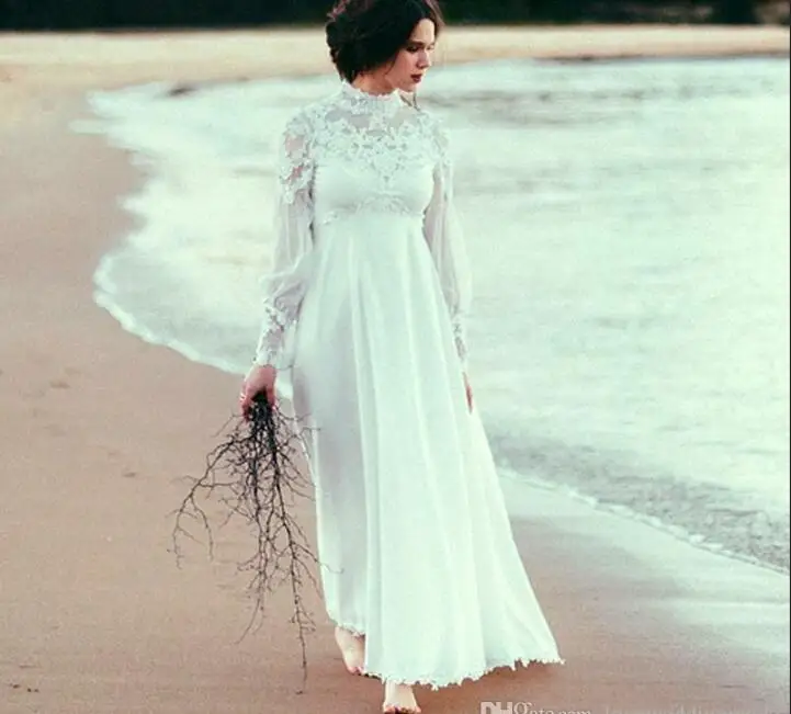 Robe de mariée personnalisée en mousseline de soie, col haut, manches longues, dentelle appliquée, taille Empire, maternité, 2021