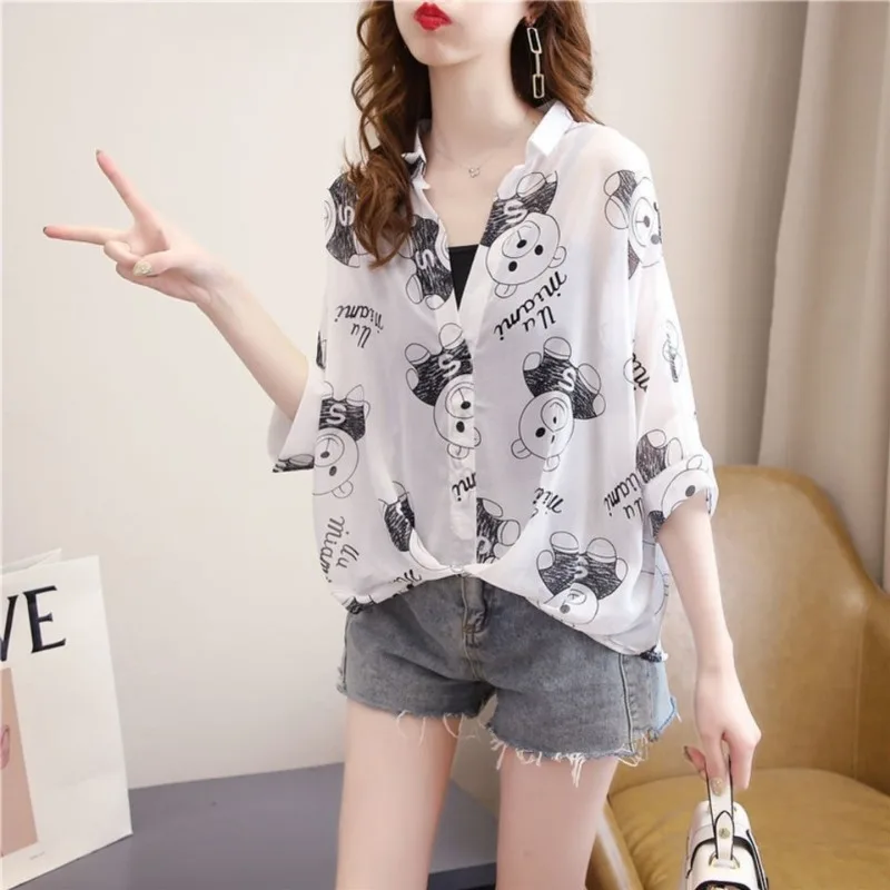 2024 Summer New Women Chiffon Top And Sling Bottom Vest Two Piece Set Slim Print V-neck Korean T Shirt Fashion Plus Size Clothes