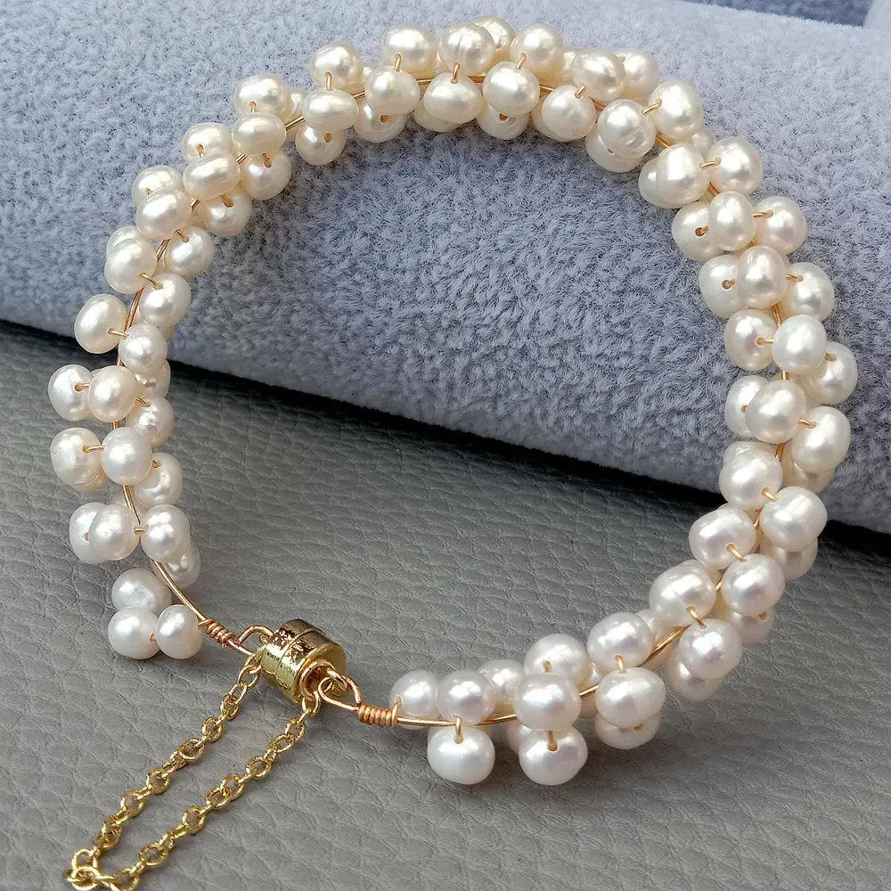YYGEM natural 4mm Round Cultured White freshwater Pearl Wrap Bracelet magnet clasp luxury for women