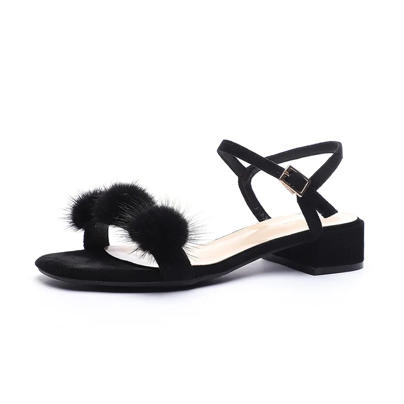 Fur Heels Women Sandals High Heels Sandals Women Open Toe Low Heel Sandals For Women Topuklu Ayakkabi Bayan Zapatos De Mujer